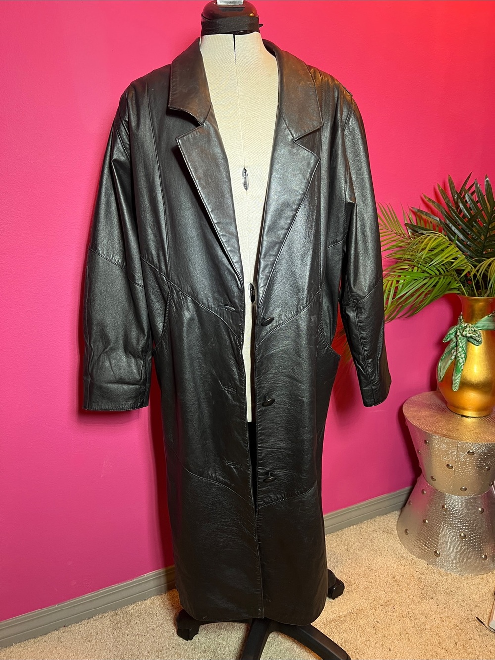 Vintage Avanti Black Leather Long Trench Coat
